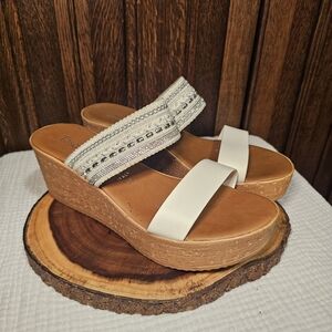 Elegant Cream and Tan Wedge Sandals